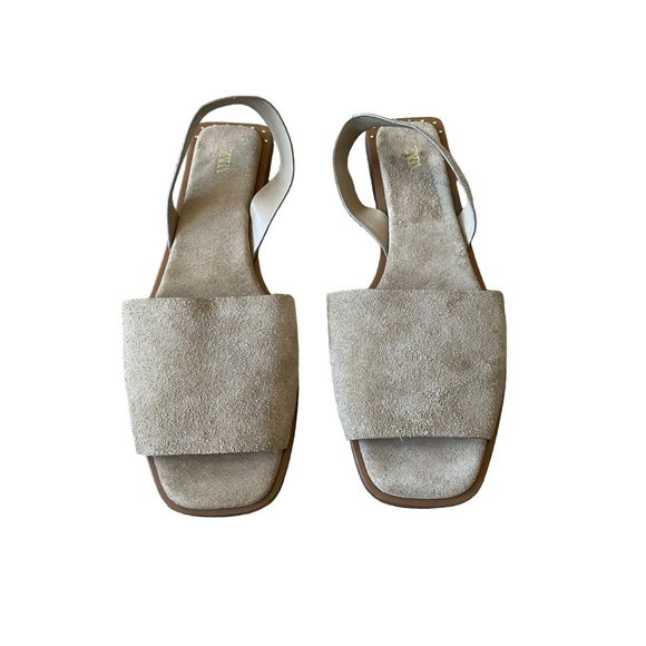 Zara Suede Flat Sandals Neutral Tan Square Toe Stud Detail EU 39 US 8.5 - Picture 6 of 12
